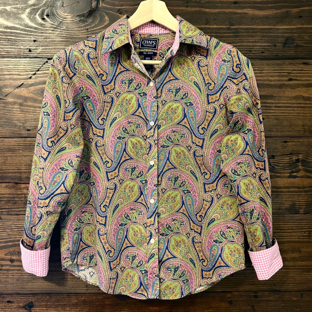 Chaps Paisley Button Down Shirt Womens S Pink Gingham Cotton No Iron Boho Preppy